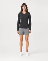 StringKing Women's Pima Jersey Long Sleeve V-Neck Tee - Sharp Fit, Black, Full Front - Human Model