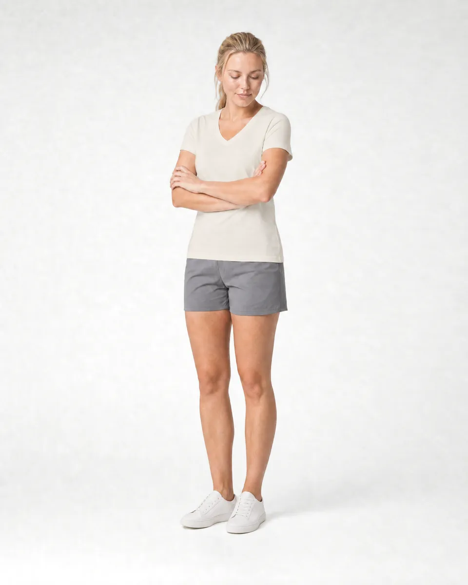 StringKing Women's Pima Jersey V-Neck Tee - Sharp Fit, Tofu, Full Front Angle - Human Model