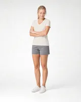 StringKing Women's Pima Jersey V-Neck Tee - Sharp Fit, Tofu, Full Front Angle - Human Model