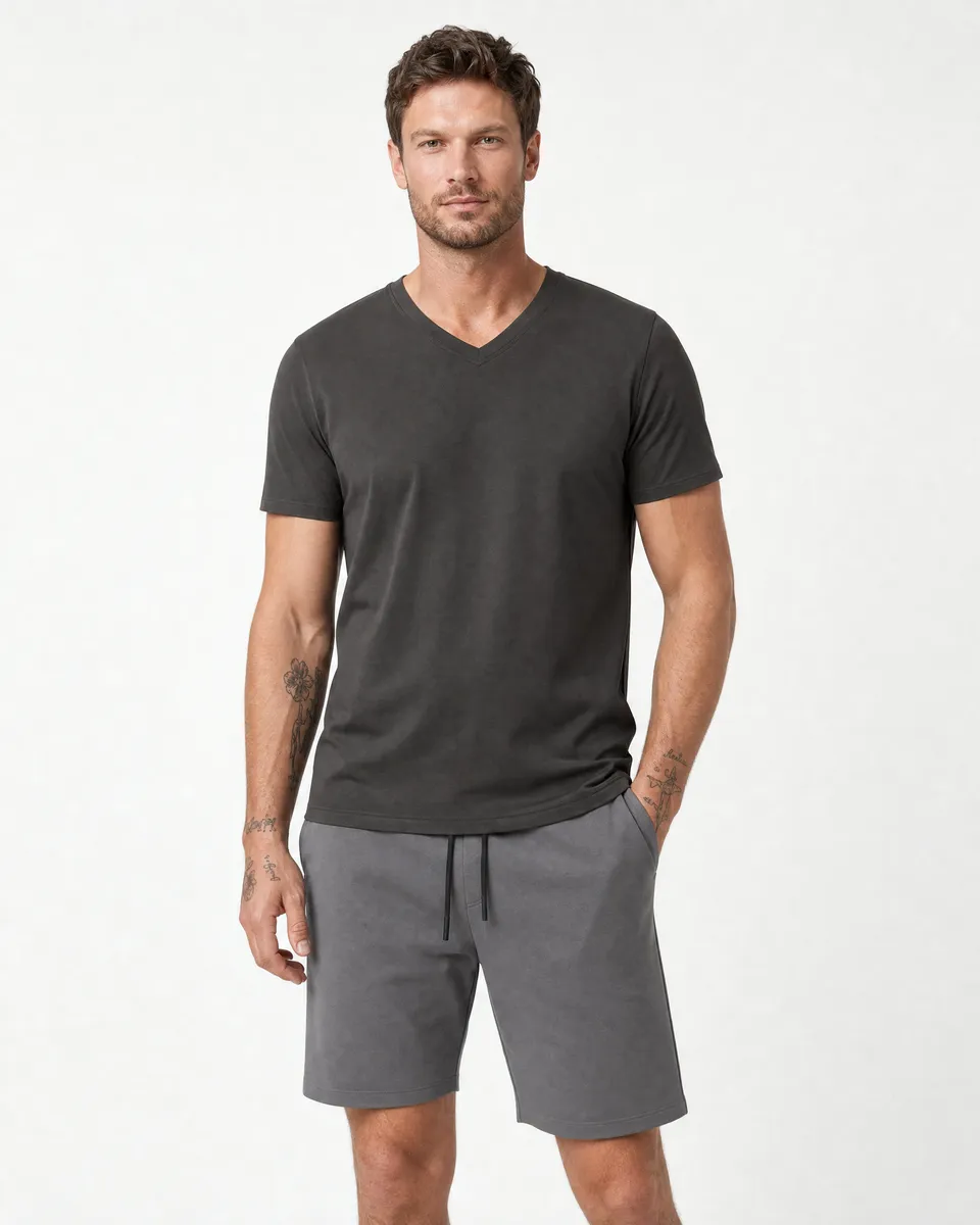 StringKing Men's Pima Jersey V-Neck Tee - Sharp Fit, Peat, Full Front - Human Model - Top of head to Knees