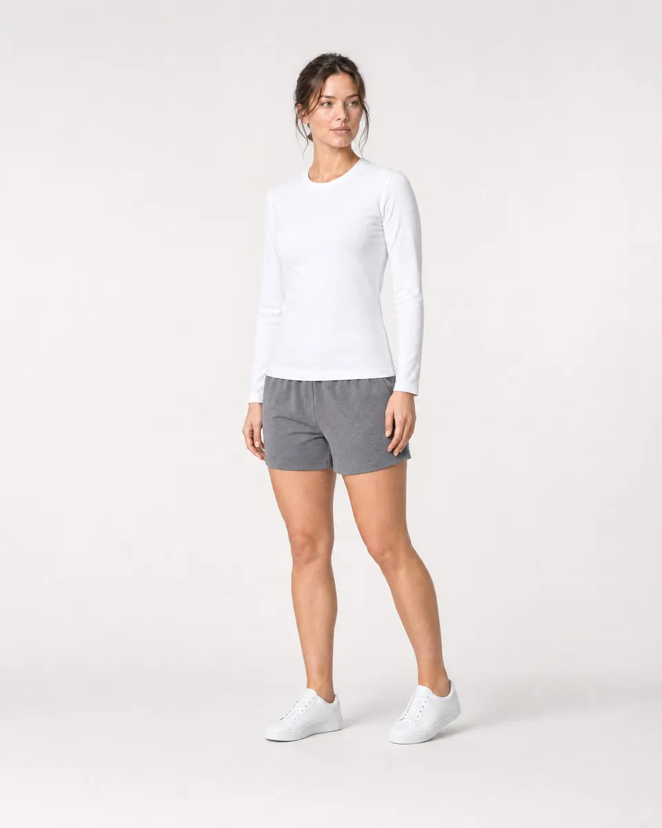StringKing Women's Pima Jersey Long Sleeve Tee - Sharp Fit, White, Full Front Angle - Human Model