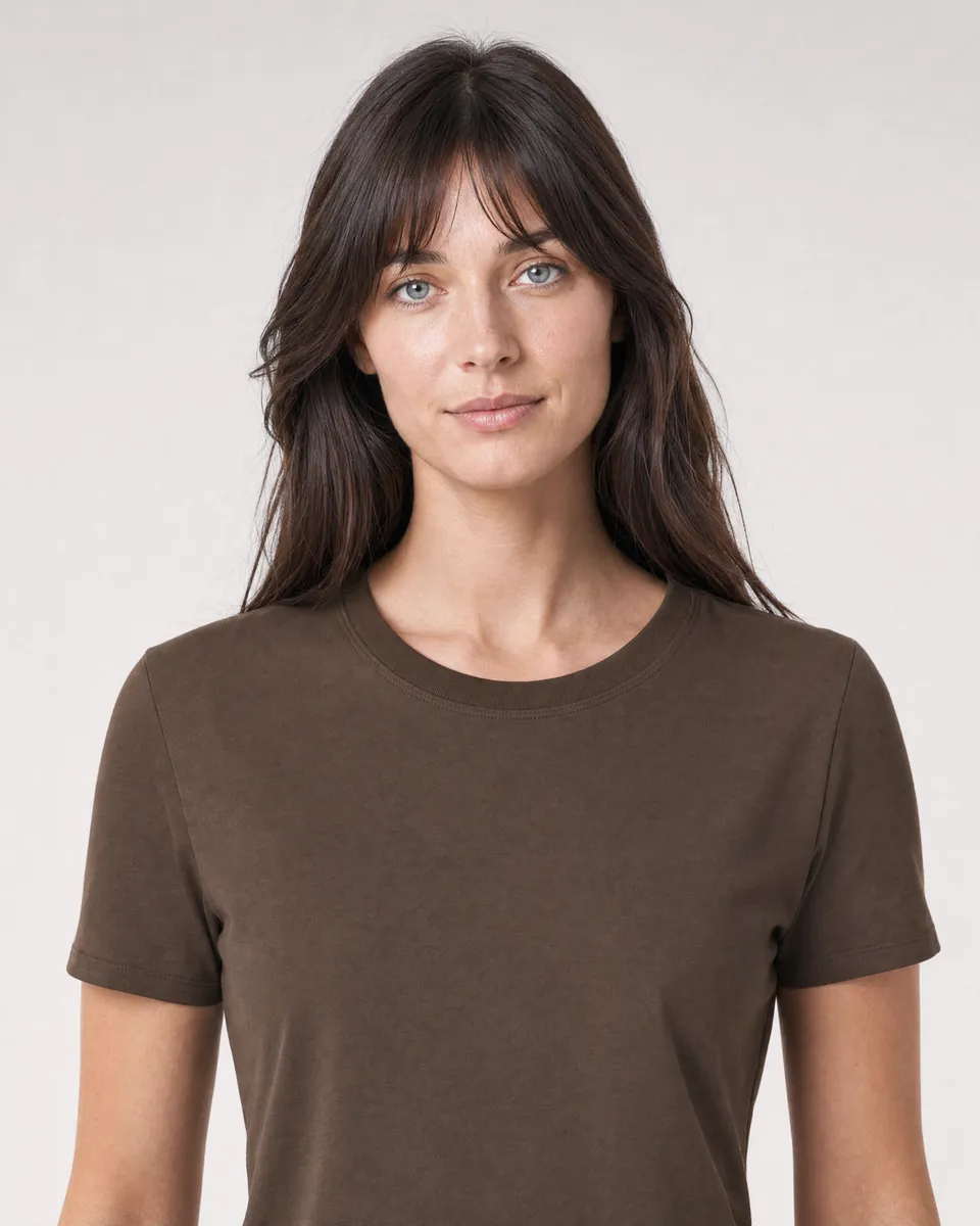 StringKing Women's Pima Jersey Tee - Sharp Fit, Wren, Collar Shoulder - Human Model