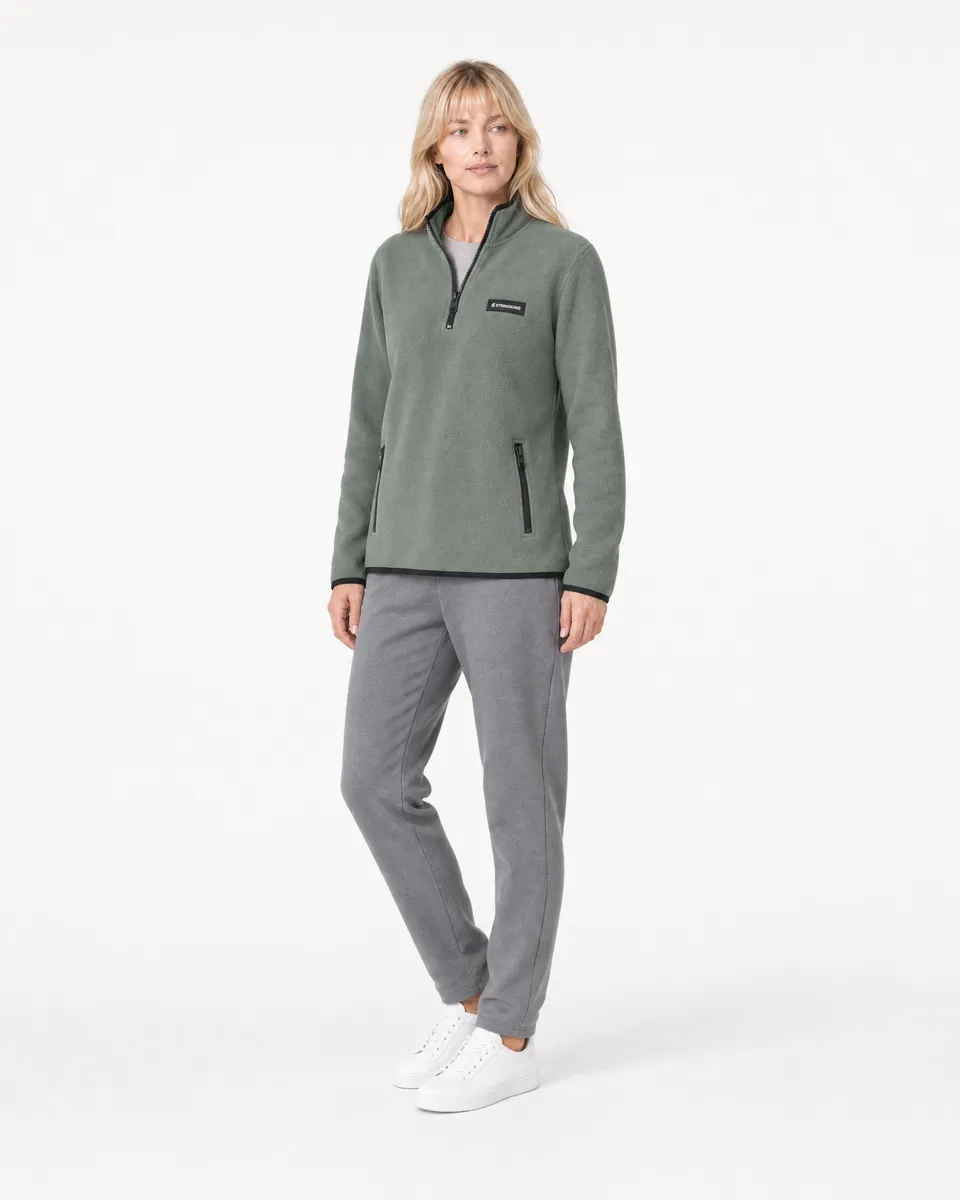 StringKing Women's Polartec Fleece Quarter Zip with Pockets - Relaxed Fit, Avenue Green, Full Front Angle - Human Model
