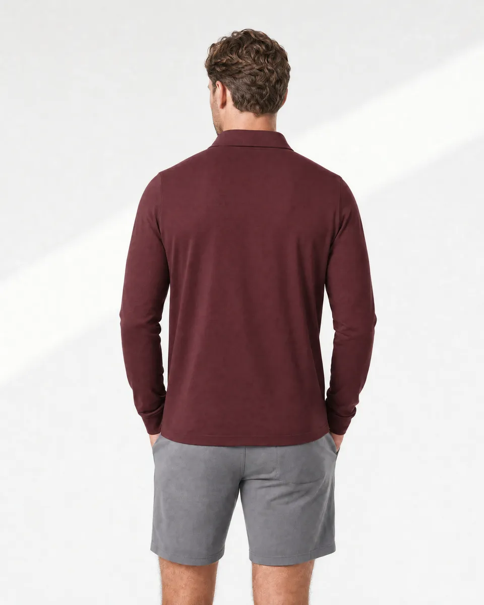 StringKing Men's Pima Jersey Long Sleeve Polo - Sharp Fit, New Maroon, Full Back - Human Model - Top of head to Mid-thigh