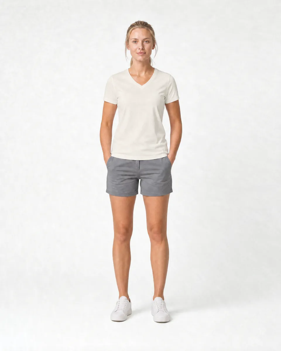 StringKing Women's Pima Jersey V-Neck Tee - Sharp Fit, Tofu, Full Front - Human Model
