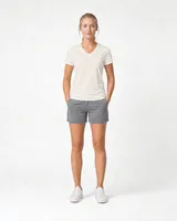 StringKing Women's Pima Jersey V-Neck Tee - Sharp Fit, Tofu, Full Front - Human Model