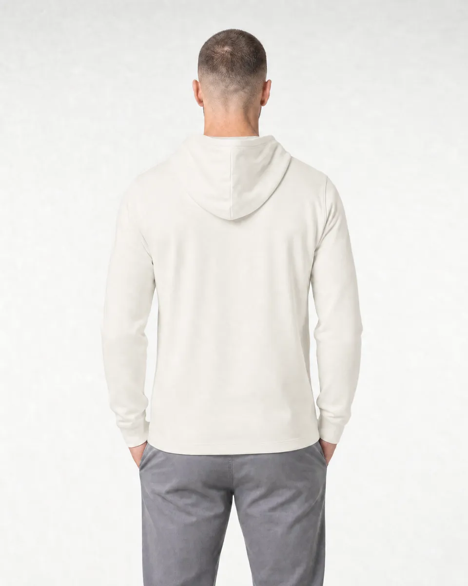 StringKing Men's Pima Jersey Hoodie - Sharp Fit, Tofu, Full Back - Human Model - Top of head to Mid-thigh