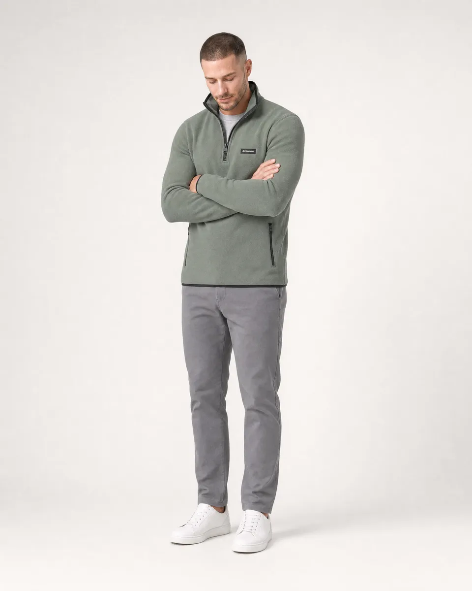 StringKing Men's Polartec Fleece Quarter Zip with Pockets - Sharp Fit, Avenue Green, Full Front Angle - Human Model