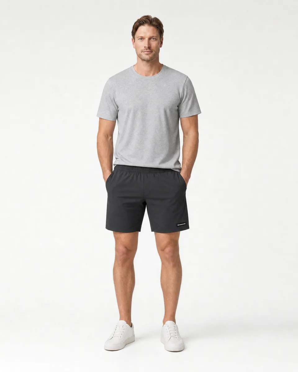 StringKing Men's Nylon Flex Shorts - Sharp Fit, Black, Full Front - Human Model