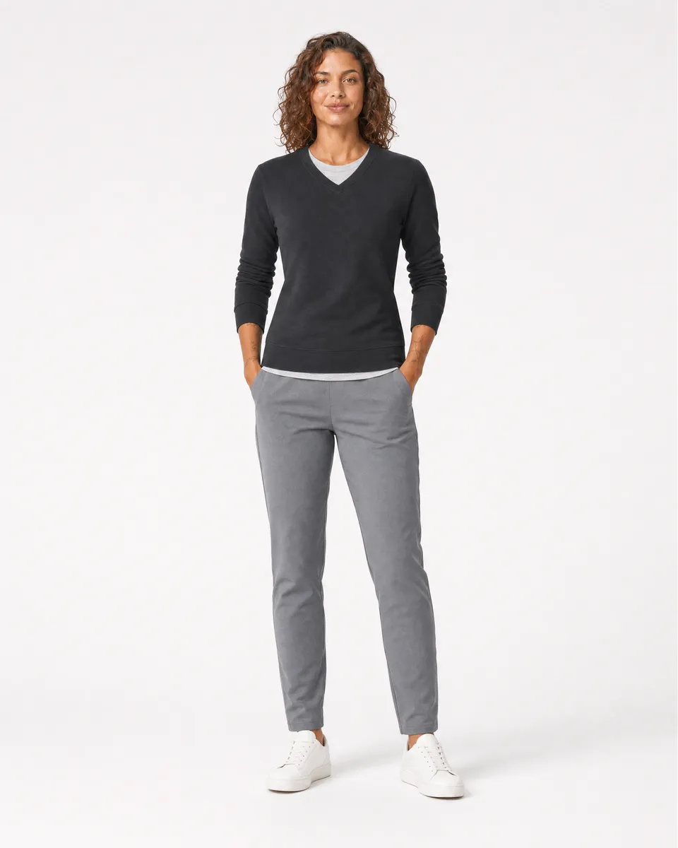 StringKing Women's Pima Terry V-Neck Sweater - Sharp Fit, Black, Full Front - Human Model
