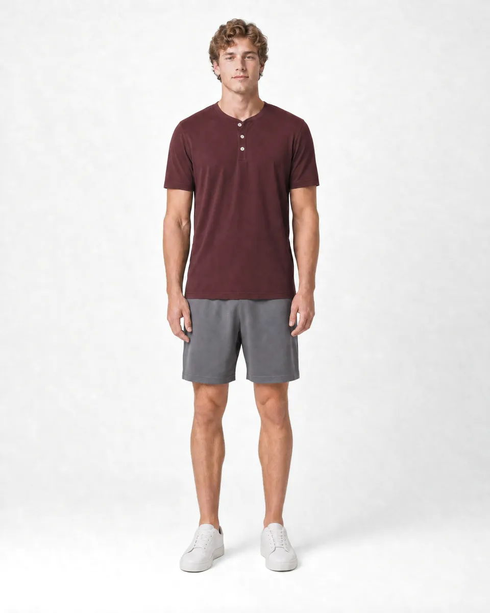 StringKing Men's Pima Jersey Short Sleeve Henley - Sharp Fit, New Maroon, Full Front - Human Model