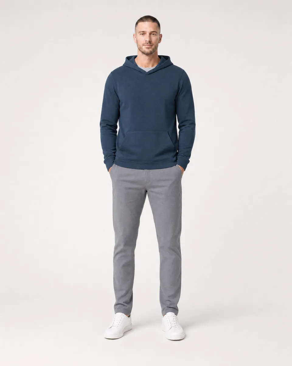 StringKing Men's Pima Terry Hoodie - Sharp Fit, Navy, Full Front - Human Model