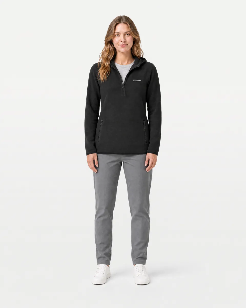 StringKing Women's Polartec Fleece Quarter Zip Hoodie with Pockets - Sharp Fit, Meteorite, Full Front - Human Model