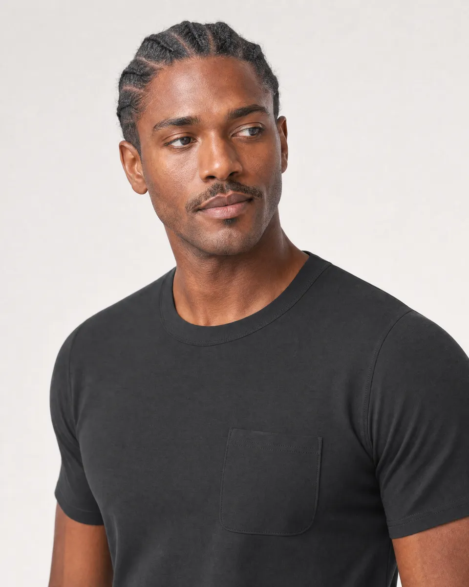StringKing Men's Pima Jersey Pocket Tee - Sharp Fit, Black, Collar Shoulder - Human Model