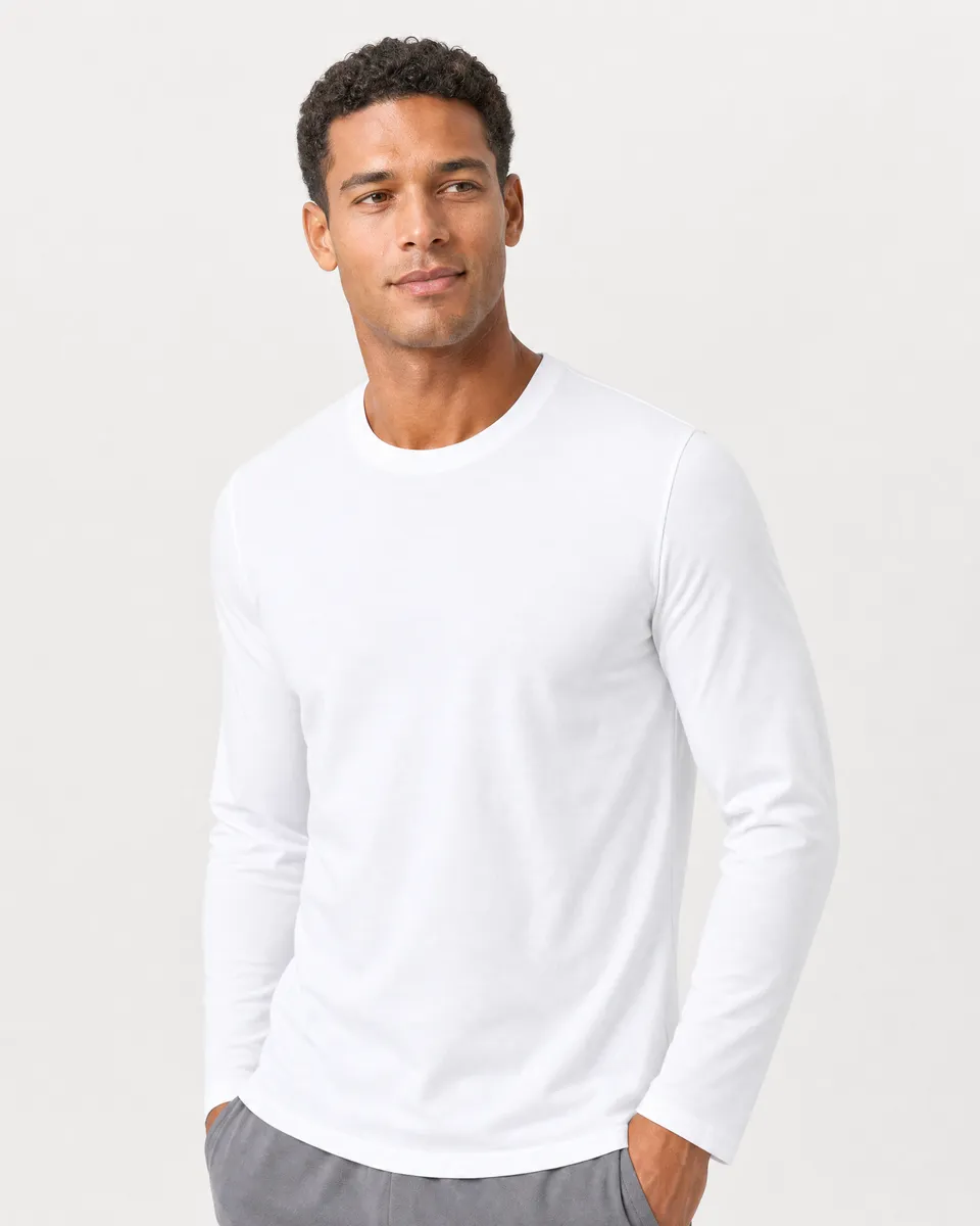StringKing Men's StayWarm Long Sleeve Tee - Sharp Fit, White, Collar Shoulder - Human Model