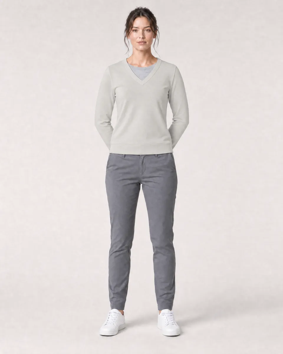 StringKing Women's Pima Terry V-Neck Sweater - Sharp Fit, Moonstruck, Full Front - Human Model - Top of head to Knees