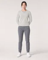 StringKing Women's Pima Terry V-Neck Sweater - Sharp Fit, Moonstruck, Full Front - Human Model - Top of head to Knees