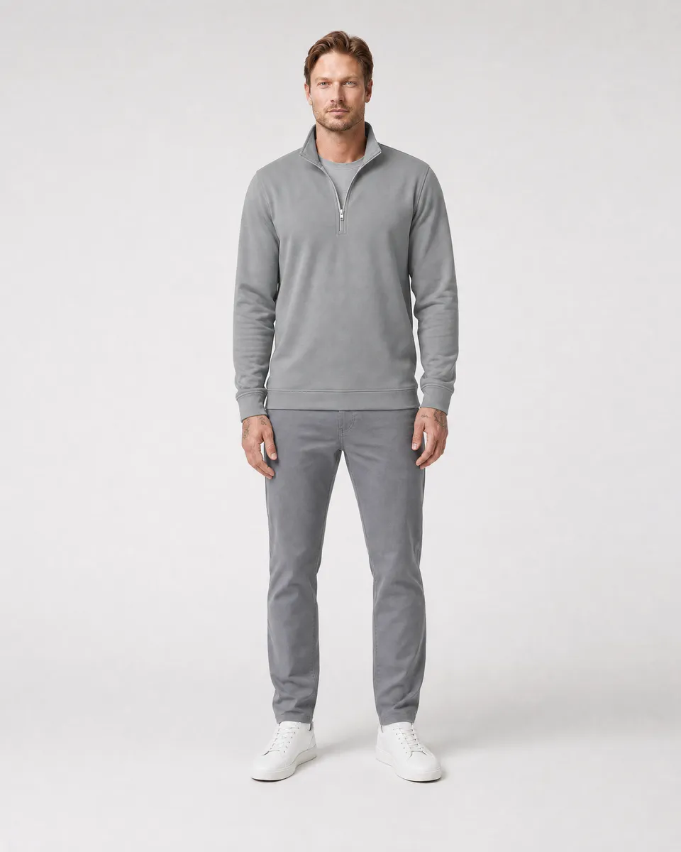 StringKing Men's StayWarm Quarter Zip - Relaxed Fit, Gray, Full Front - Human Model