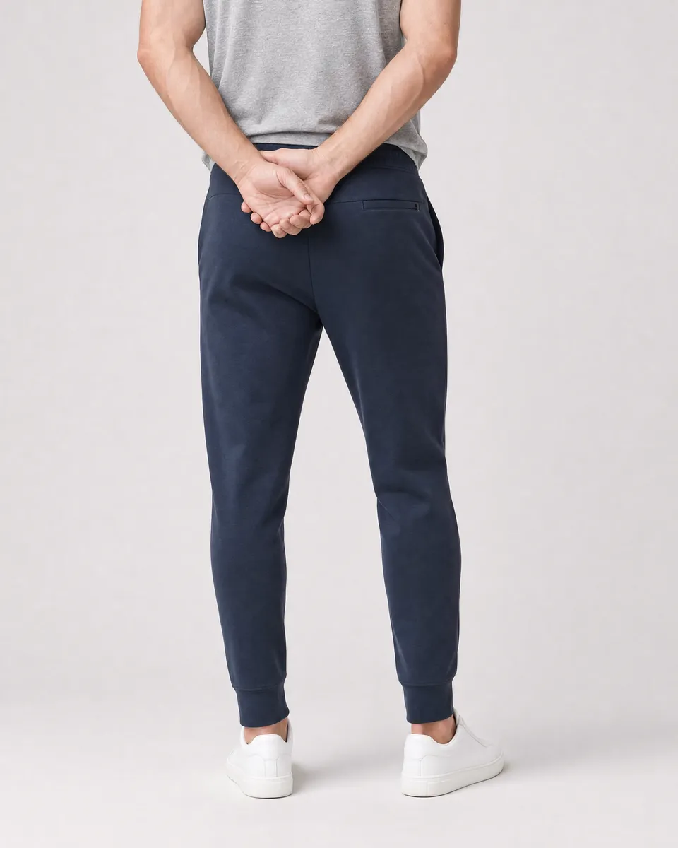 StringKing Men's Pima Terry Sweatpants - Sharp Fit, Navy, Full Back - Human Model - Chest to Feet