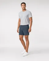 StringKing Men's Nylon Flex Game Shorts - Sharp Fit, Navy, Full Front Angle - Human Model