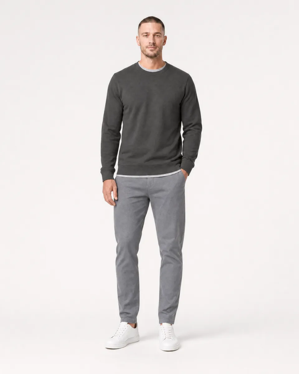 StringKing Men's Pima Terry Crew Sweater - Sharp Fit, Peat, Full Front - Human Model
