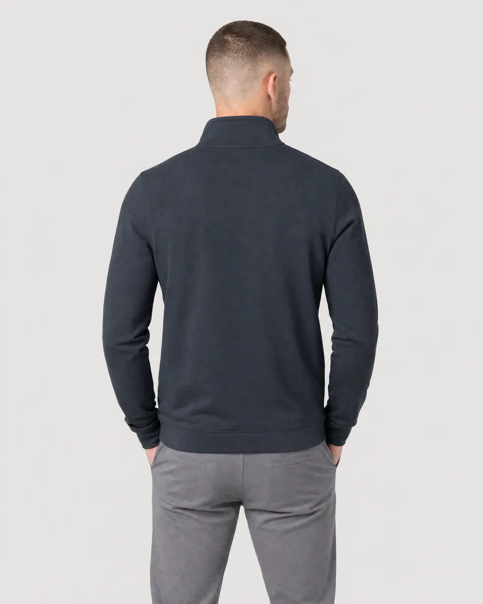 StringKing Men's Pima Terry Quarter Zip - Sharp Fit, Navy, Full Back - Human Model - Top of head to Mid-thigh