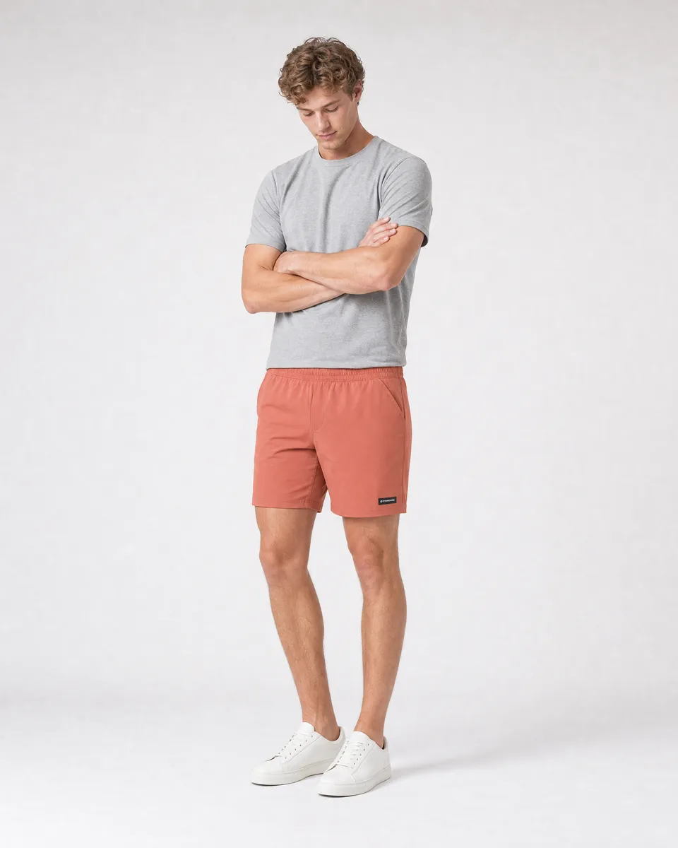 StringKing Men's Nylon Flex Shorts - Sharp Fit, Crabapple, Full Front Angle - Human Model