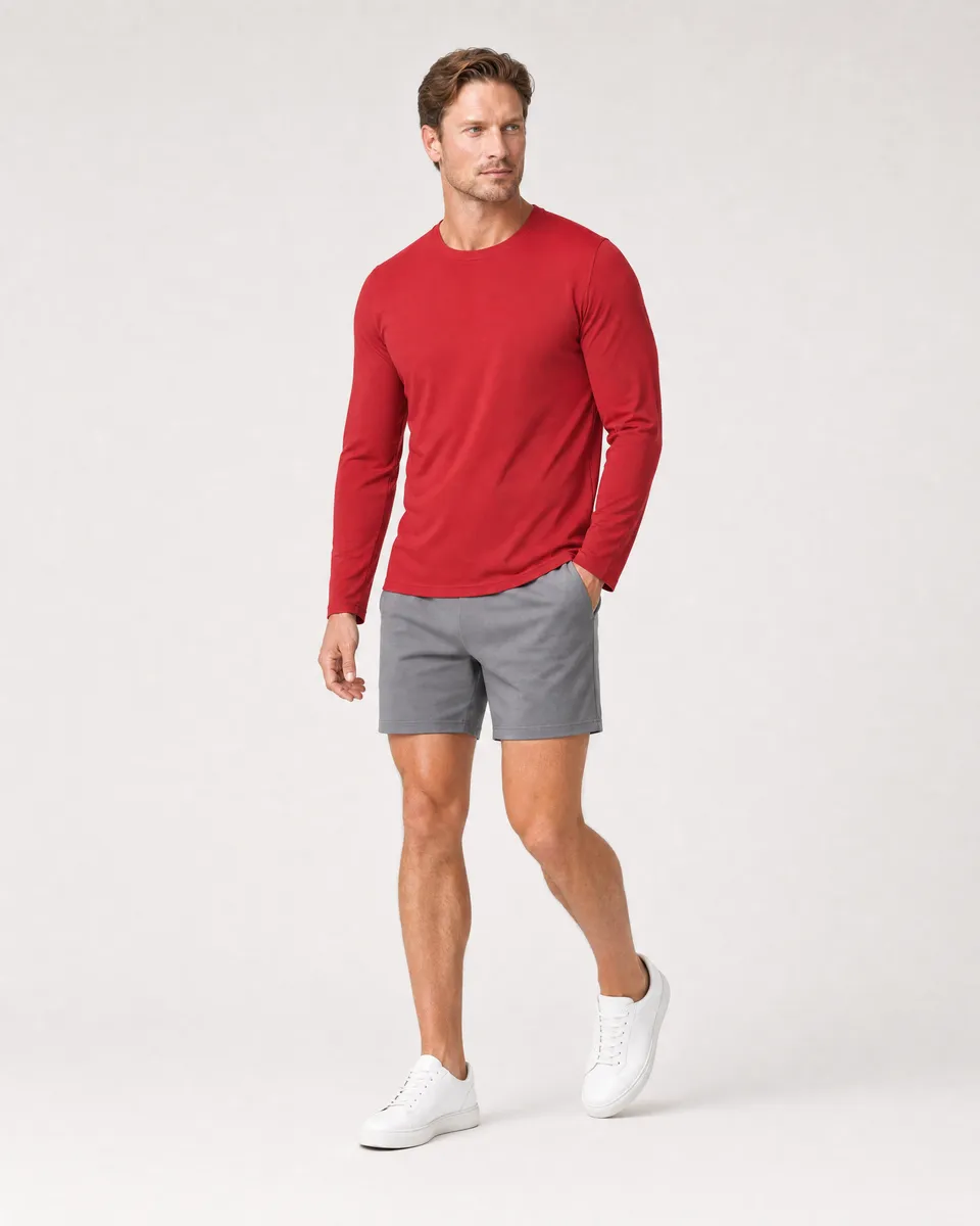 StringKing Men's StayCool Long Sleeve Tee - Relaxed Fit, Red, Collar Shoulder - Human Model