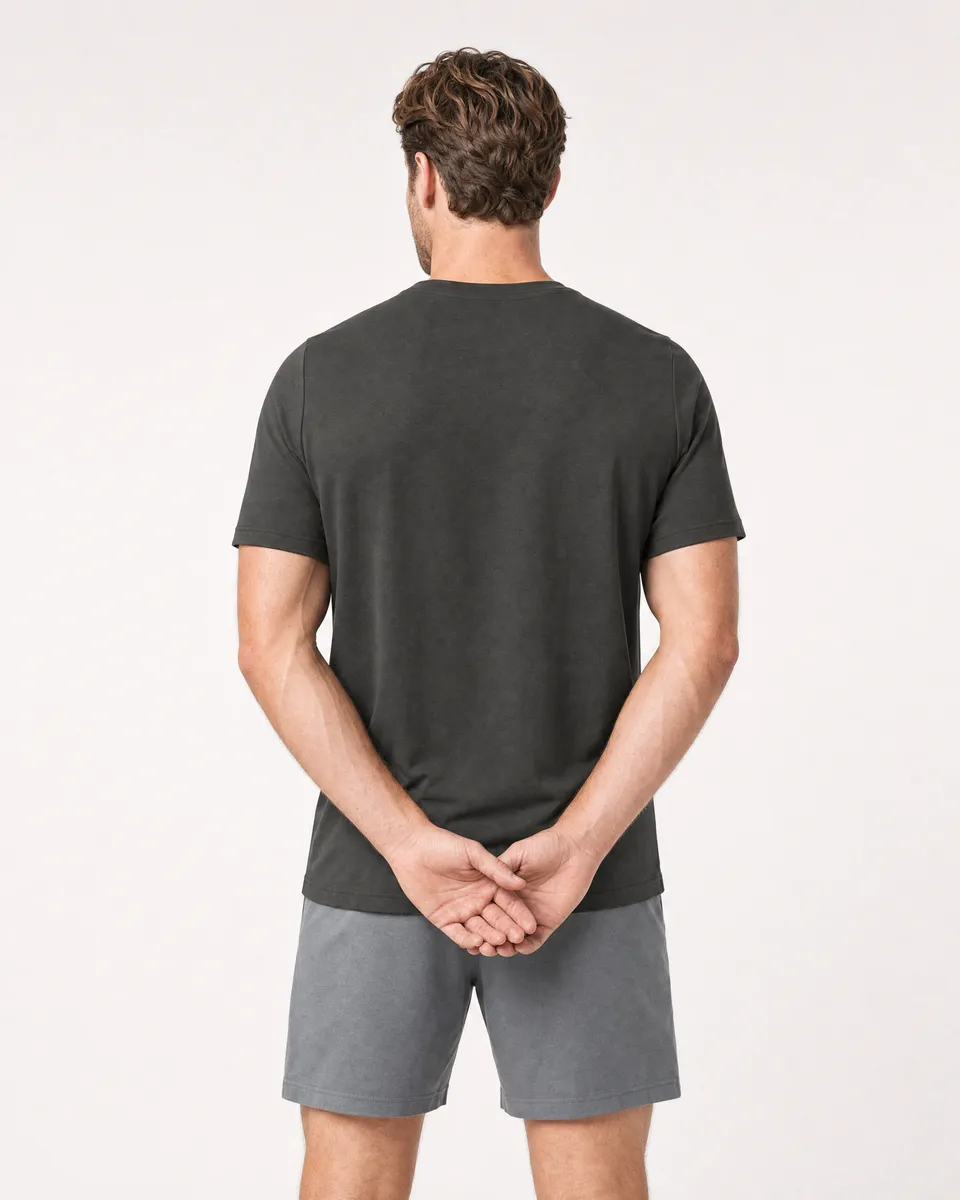 StringKing Men's Pima Terry V-Neck Tee - Relaxed Fit, Peat, Full Back - Human Model - Top of head to Mid-thigh