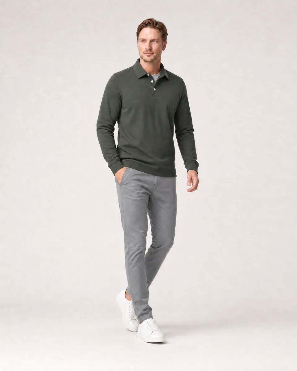 StringKing Men's Pima Terry Long Sleeve Polo - Sharp Fit, Moss, Full Front Angle - Human Model