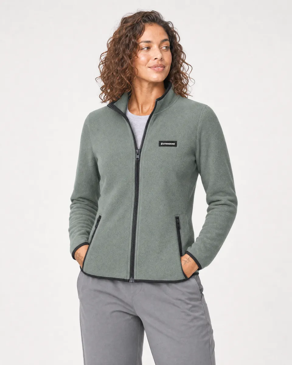 StringKing Women's Polartec Fleece Full Zip with Pockets - Sharp Fit, Avenue Green, Full Front - Human Model - Top of head to Knees