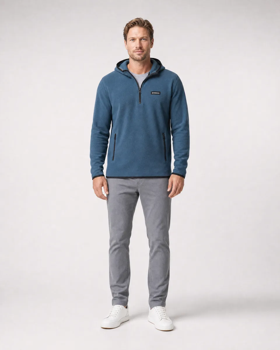 StringKing Men's Polartec Fleece Quarter Zip Hoodie with Pockets - Sharp Fit, Indian Teal, Full Front - Human Model