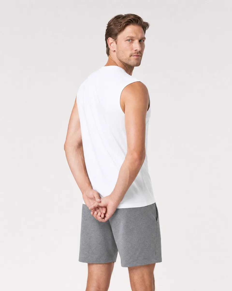 StringKing Men's StayWarm Tank Top - Sharp Fit, White, Full Back - Human Model - Top of head to Mid-thigh