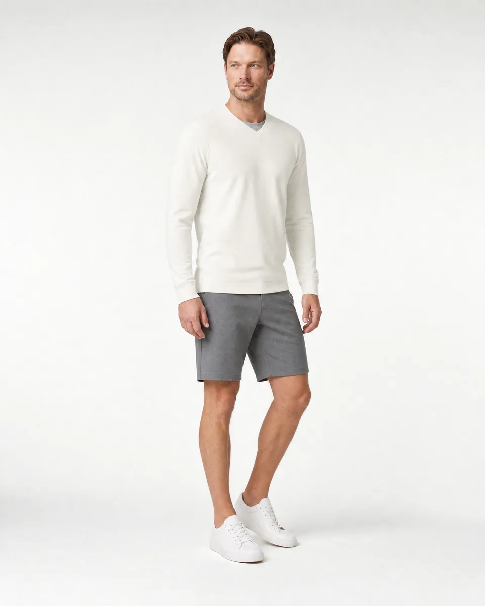 StringKing Men's Pima Terry Long Sleeve V-Neck Tee - Sharp Fit, Tofu, Full Front Angle - Human Model