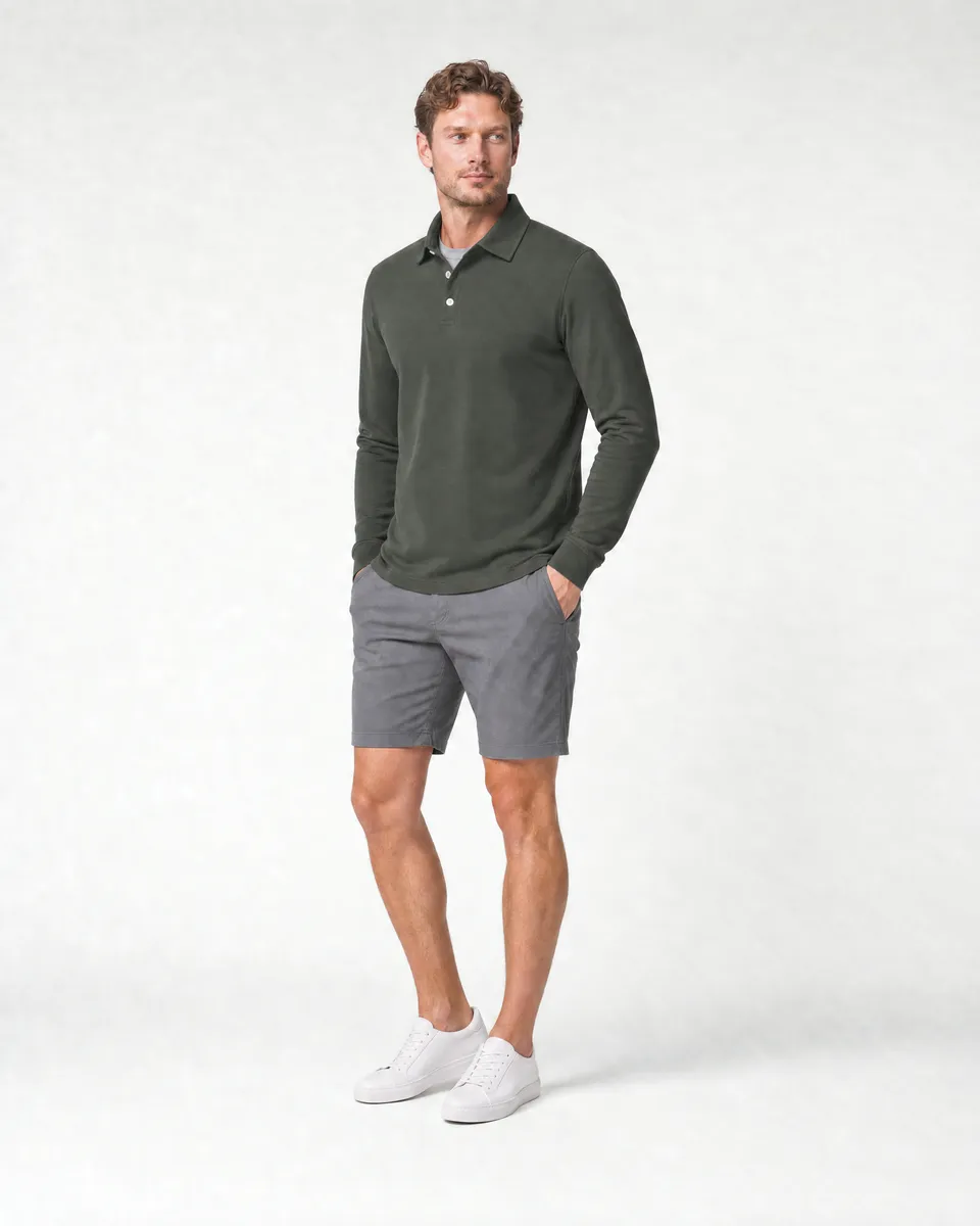 StringKing Men's Pima Jersey Long Sleeve Polo - Sharp Fit, Moss, Collar Shoulder - Human Model