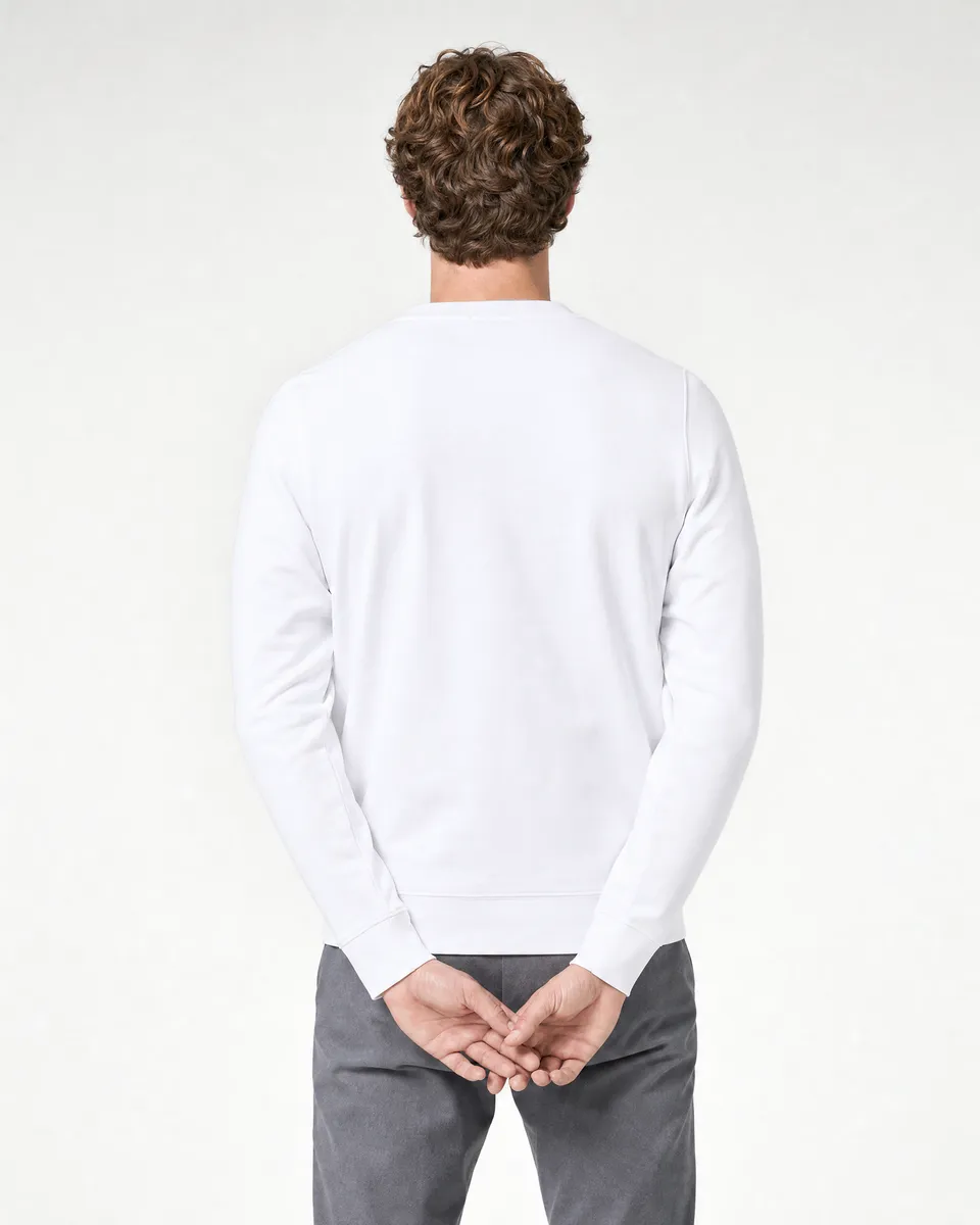 StringKing Men's StayWarm Sweater - Sharp Fit, White, Full Back - Human Model - Top of head to Mid-thigh