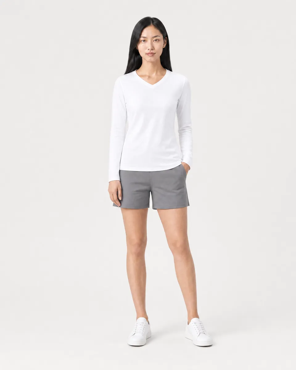 StringKing Women's Pima Terry Long Sleeve V-Neck Tee - Sharp Fit, White, Full Front - Human Model
