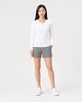 StringKing Women's Pima Terry Long Sleeve V-Neck Tee - Sharp Fit, White, Full Front - Human Model