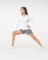 StringKing Women's Pima Terry Long Sleeve V-Neck Tee - Sharp Fit, White, Full Front Angle - Human Model