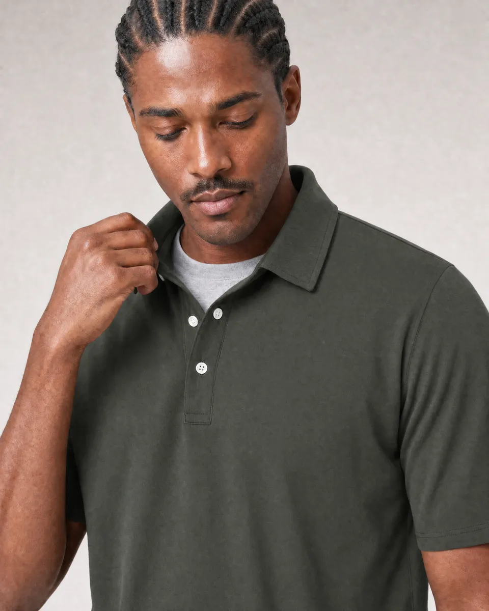 StringKing Men's Pima Jersey Classic Polo - Relaxed Fit, Moss, Collar Shoulder - Human Model
