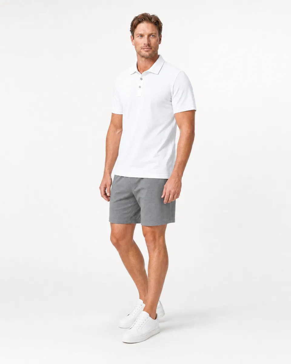 StringKing Men's Pima Terry Polo - Relaxed Fit, White, Full Front Angle - Human Model