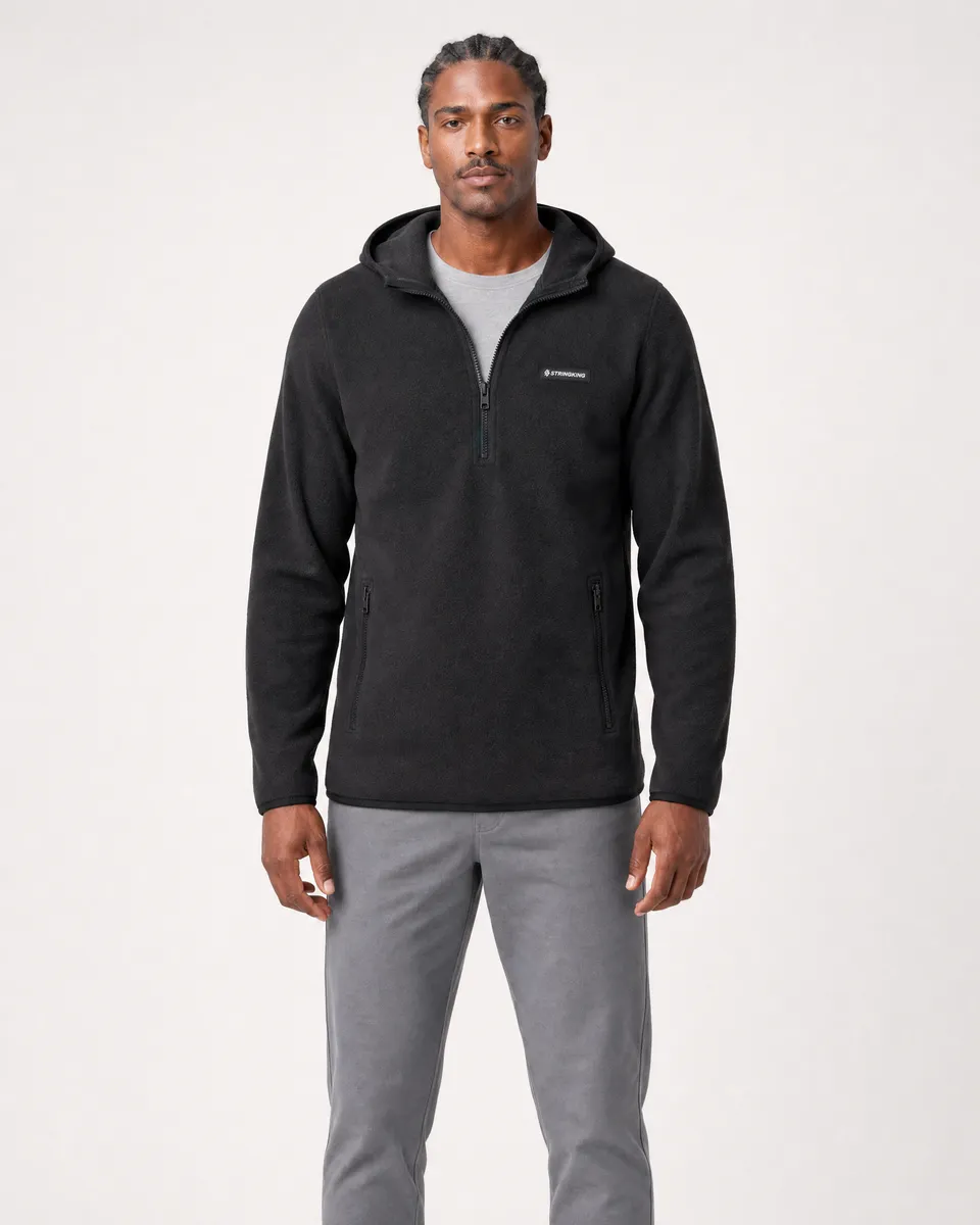 StringKing Men's Polartec Fleece Quarter Zip Hoodie with Pockets - Relaxed Fit, Meteorite, Full Front - Human Model - Top of head to Knees