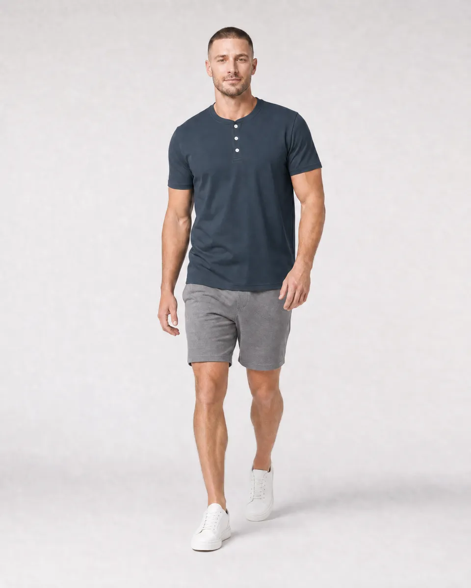 StringKing Men's Pima Jersey Short Sleeve Henley - Sharp Fit, Navy, Full Front Angle - Human Model
