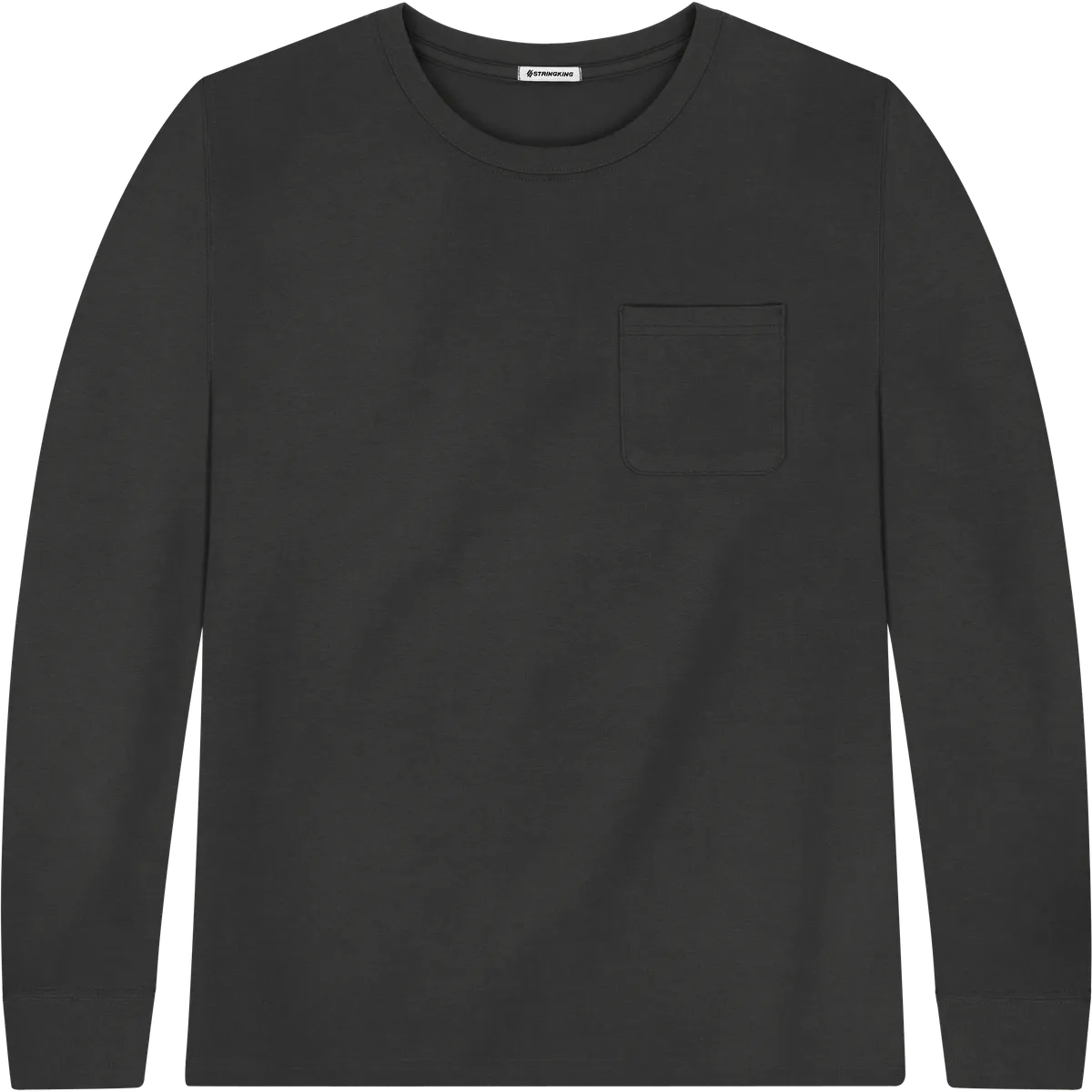 StringKing Men's Pima Jersey Long Sleeve Pocket Tee - Relaxed Fit, Black, Front