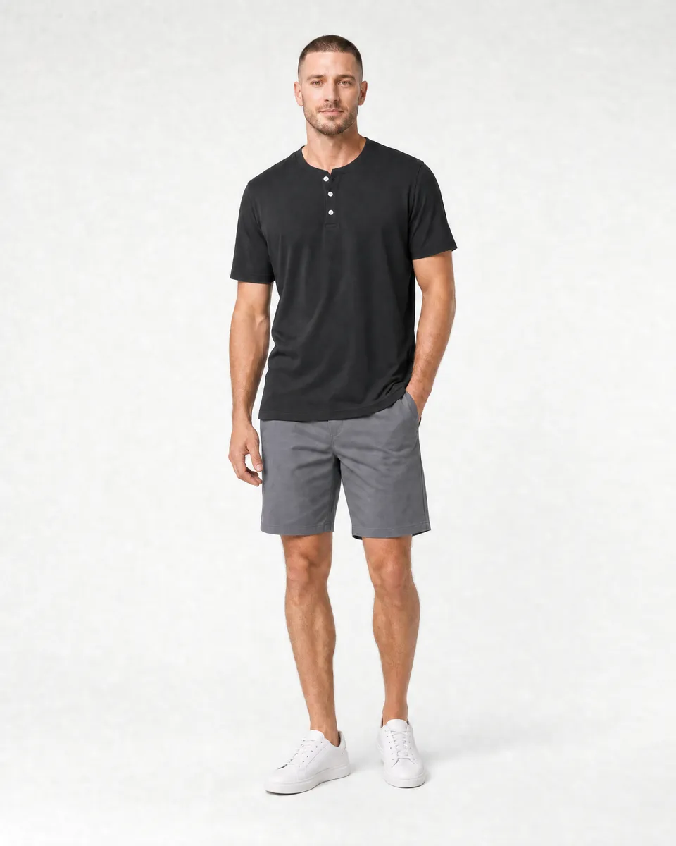 StringKing Men's Pima Jersey Short Sleeve Henley - Relaxed Fit, Black, Full Front - Human Model