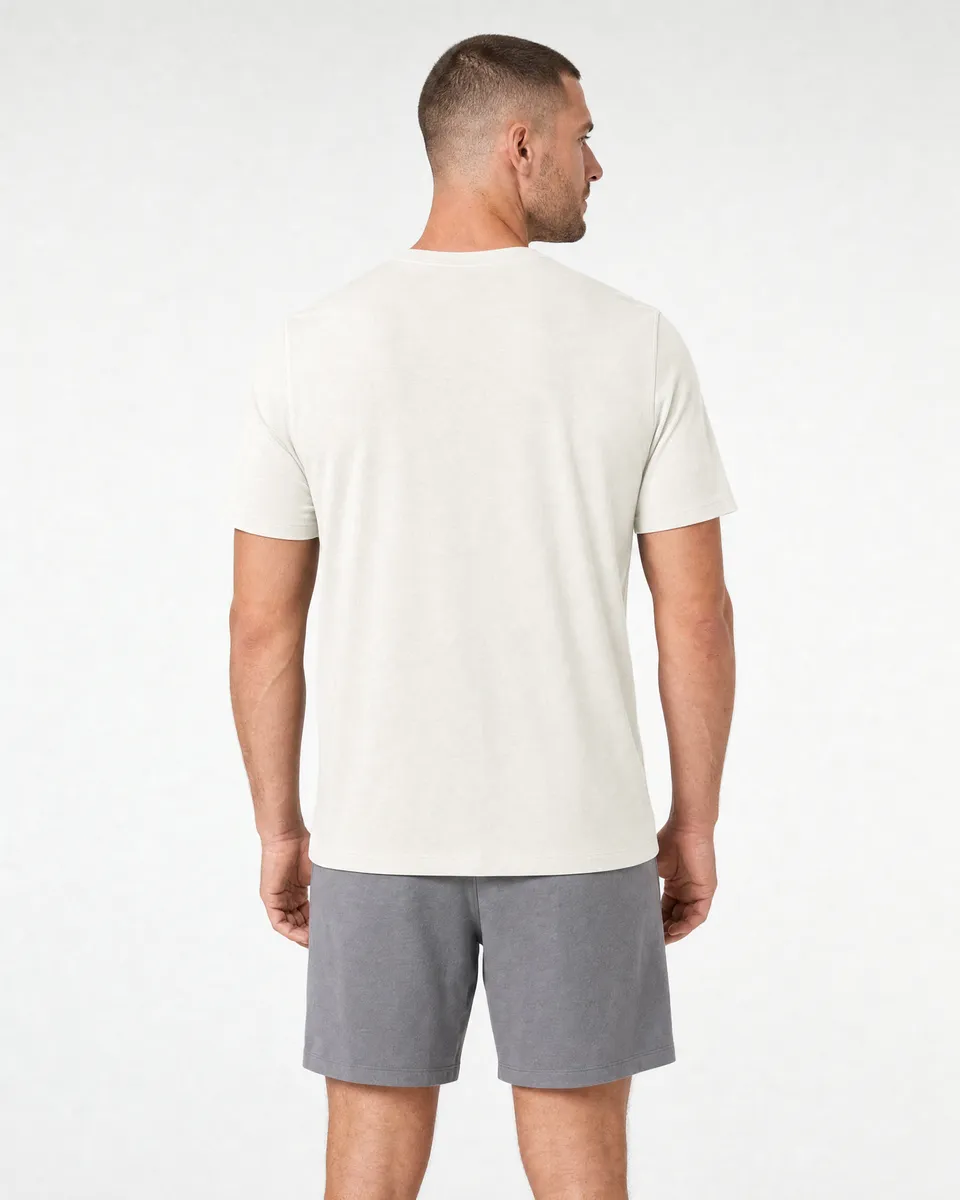 StringKing Men's Pima Terry Tee - Relaxed Fit, Tofu, Full Back - Human Model - Top of head to Mid-thigh