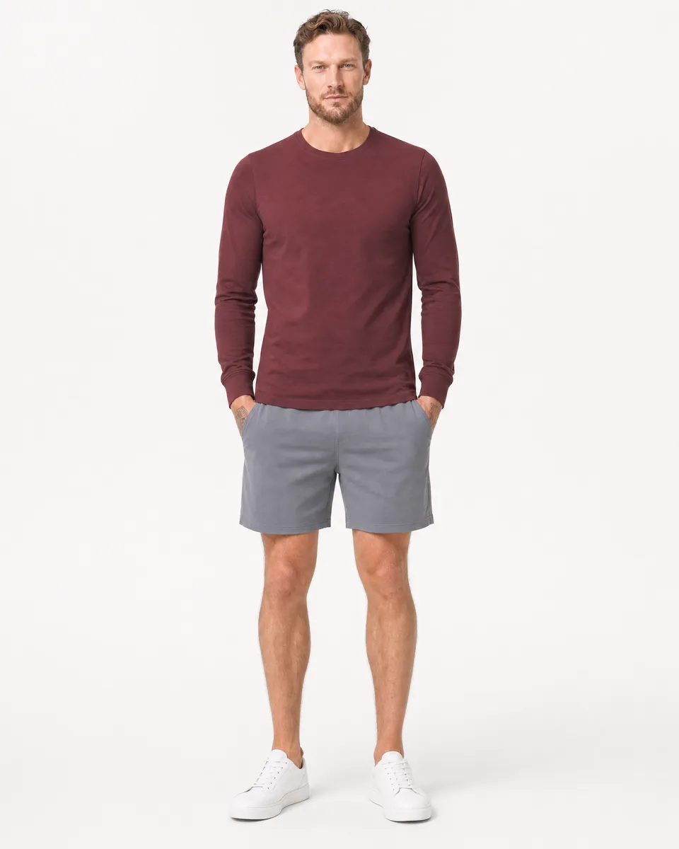 StringKing Men's Pima Jersey Long Sleeve Tee - Sharp Fit, New Maroon, Full Front - Human Model - Top of head to Knees