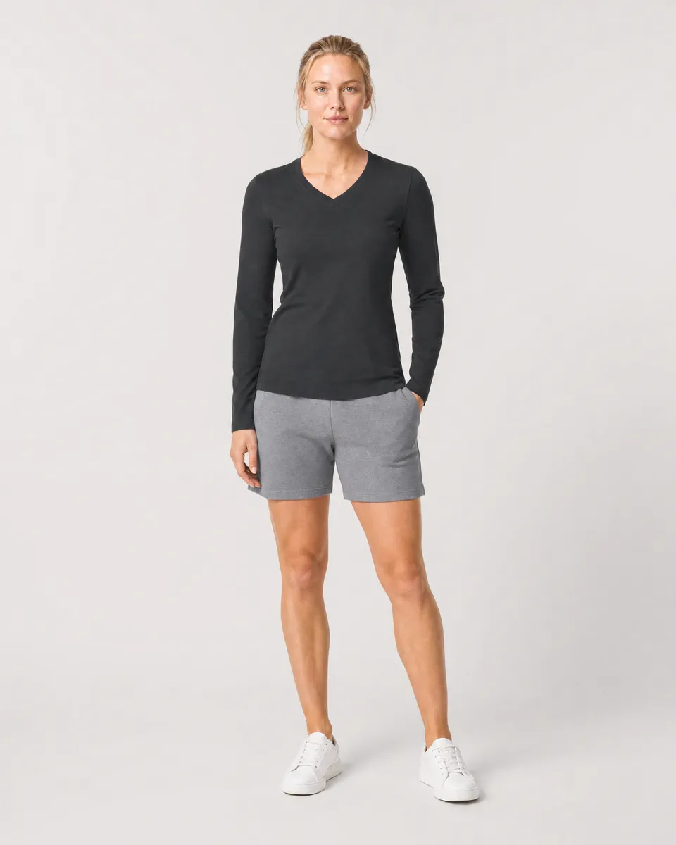 StringKing Women's Pima Terry Long Sleeve V-Neck Tee - Sharp Fit, Black, Full Front - Human Model - Top of head to Knees
