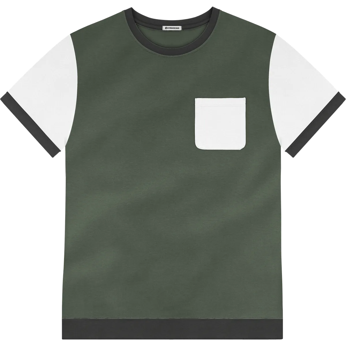 StringKing Men's Pima Jersey Pocket Tee Multi - Relaxed Fit, Moss Main, White Sleeves, Black Cuffs, Front