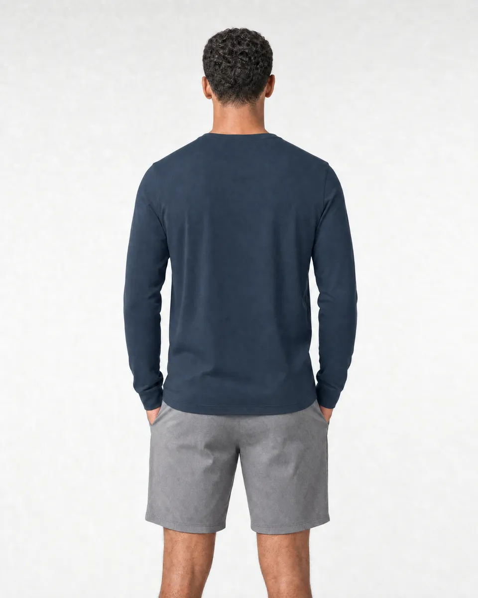 StringKing Men's Pima Jersey Henley - Sharp Fit, Navy, Full Back - Human Model - Top of head to Mid-thigh